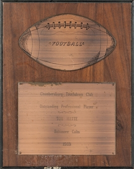 1969 Tom Matte Signed Outstanding Professional Player Award from Chambersburg Touchdown Club (Matte LOA)